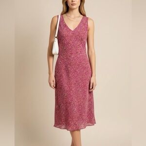 ANN TAYLOR Vintage 100% Silk V-Neck Abstract Print Midi Sheath Dress